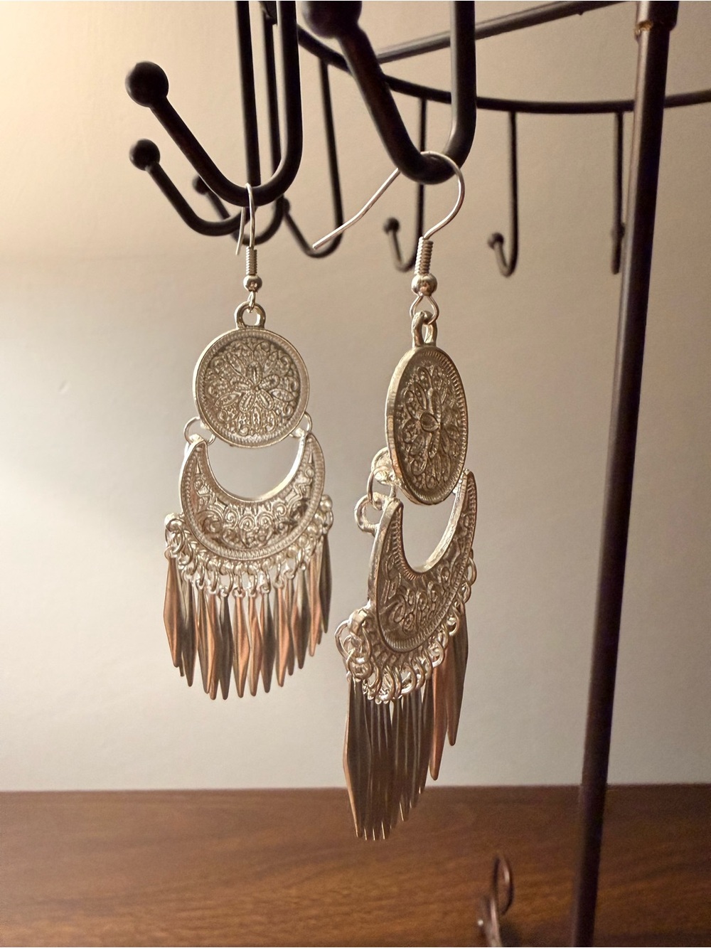 Bohemian Silver Filigree Fringe Drop Earrings for Women